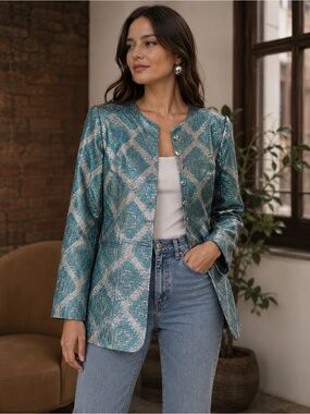 Ronda Roy Montreal Vintage 60s Geometric Metallic Turquoise Silver Blazer Size S